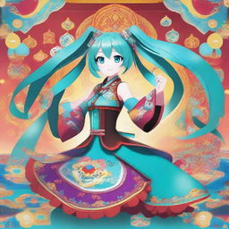 Hatsune Miku, the virtual pop star, is energetically dancing a traditional Russian dance