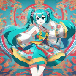 Hatsune Miku, the virtual pop star, is energetically dancing a traditional Russian dance