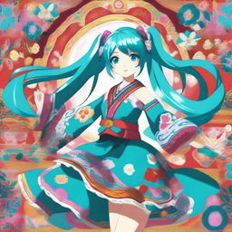 Hatsune Miku, the virtual pop star, is energetically dancing a traditional Russian dance