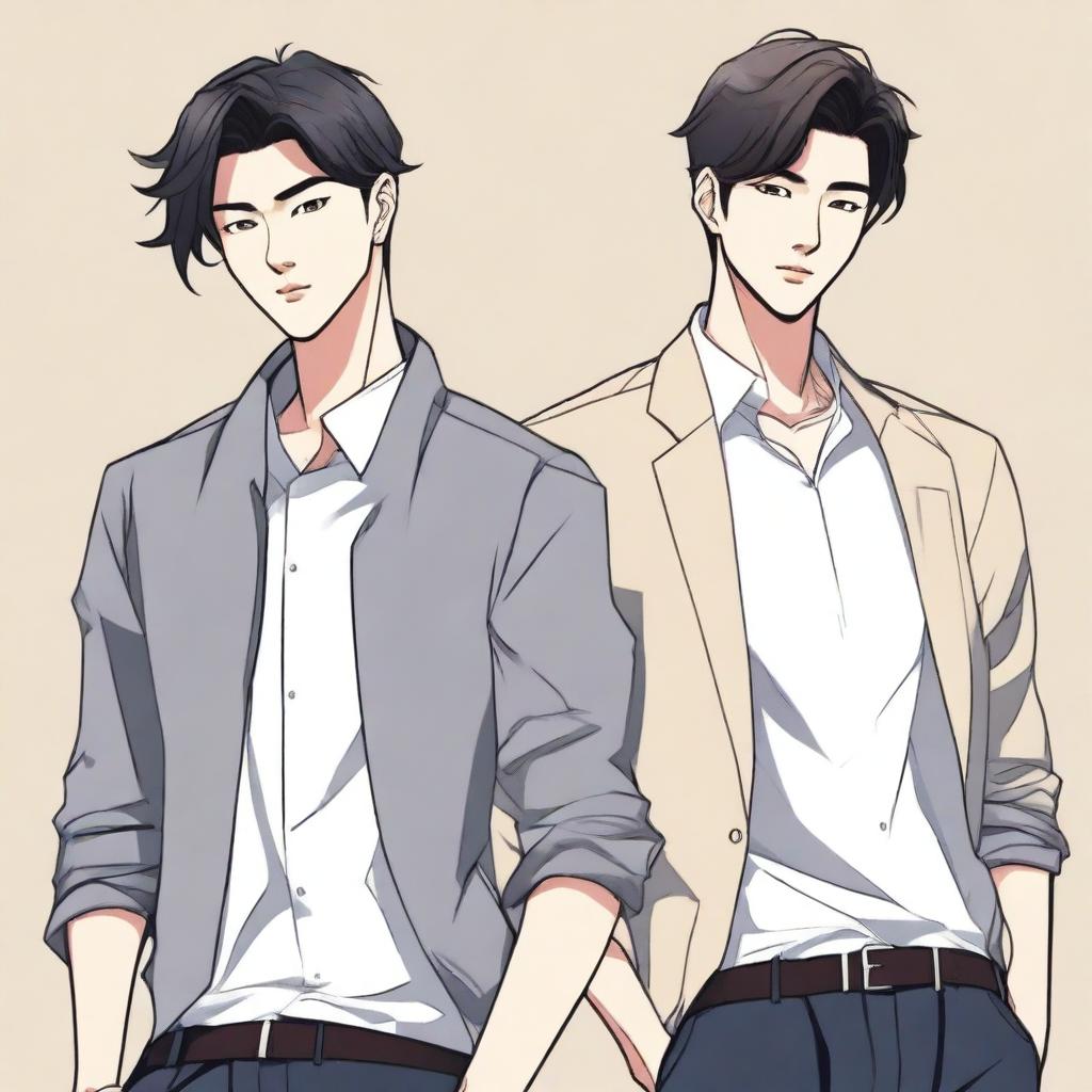 A detailed illustration of two handsome Asian men styled as webtoon characters