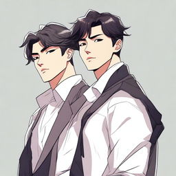 A detailed illustration of two handsome Asian men styled as webtoon characters