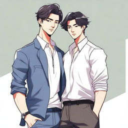 A detailed illustration of two handsome Asian men styled as webtoon characters