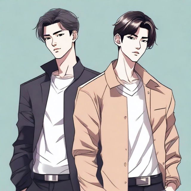 A detailed illustration of two handsome Asian men styled as webtoon characters