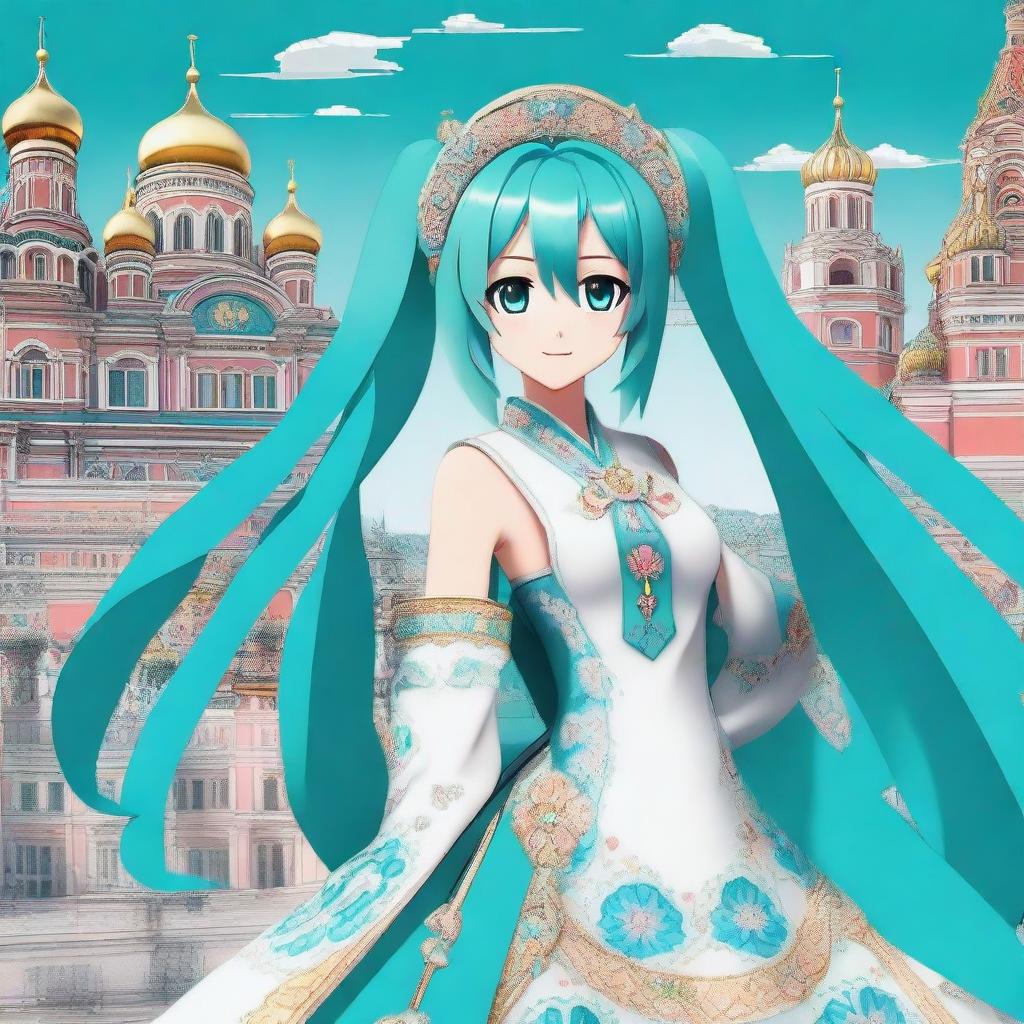 Hatsune Miku, the virtual pop star, is depicted with a Russian twist