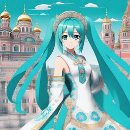 Hatsune Miku, the virtual pop star, is depicted with a Russian twist