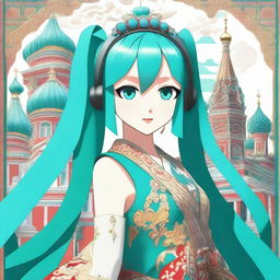 Hatsune Miku, the virtual pop star, is depicted with a Russian twist