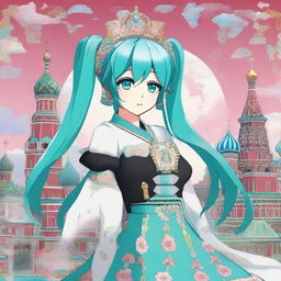 Hatsune Miku, the virtual pop star, is depicted with a Russian twist