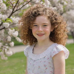 A sketch of a young girl, smiling, with curly hair and freckles, dressed casually in a summer dress in front of a bright, blossoming cherry tree