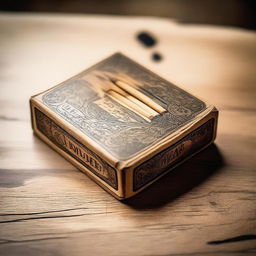 A detailed image of a small, vintage box of matches with intricate designs on the cover