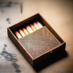 A detailed image of a small, vintage box of matches with intricate designs on the cover