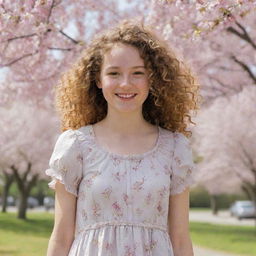 A sketch of a young girl, smiling, with curly hair and freckles, dressed casually in a summer dress in front of a bright, blossoming cherry tree