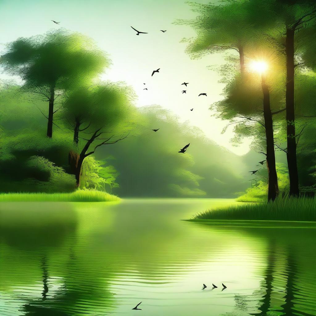 A serene and peaceful landscape featuring a calm river flowing through a lush green forest, with birds flying in the sky and sunlight filtering through the trees