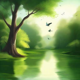 A serene and peaceful landscape featuring a calm river flowing through a lush green forest, with birds flying in the sky and sunlight filtering through the trees