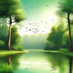 A serene and peaceful landscape featuring a calm river flowing through a lush green forest, with birds flying in the sky and sunlight filtering through the trees