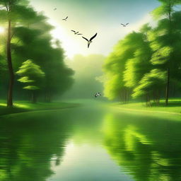 A serene and peaceful landscape featuring a calm river flowing through a lush green forest, with birds flying in the sky and sunlight filtering through the trees