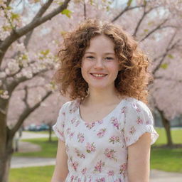 A sketch of a young girl, smiling, with curly hair and freckles, dressed casually in a summer dress in front of a bright, blossoming cherry tree