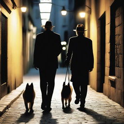 A narrow street made of stones in almost darkness, illuminated by some yellow light lamps