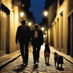 A narrow street made of stones in almost darkness, illuminated by some yellow light lamps