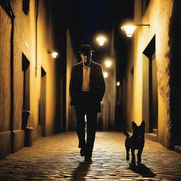 A narrow street made of stones in almost darkness, illuminated by some yellow light lamps