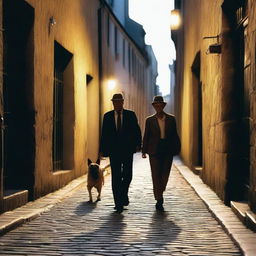 A narrow street made of stones in almost darkness, illuminated by some yellow light lamps