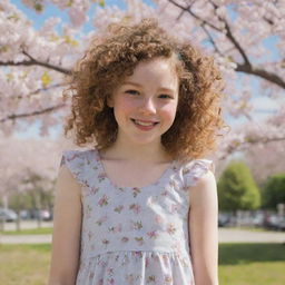 A sketch of a young girl, smiling, with curly hair and freckles, dressed casually in a summer dress in front of a bright, blossoming cherry tree