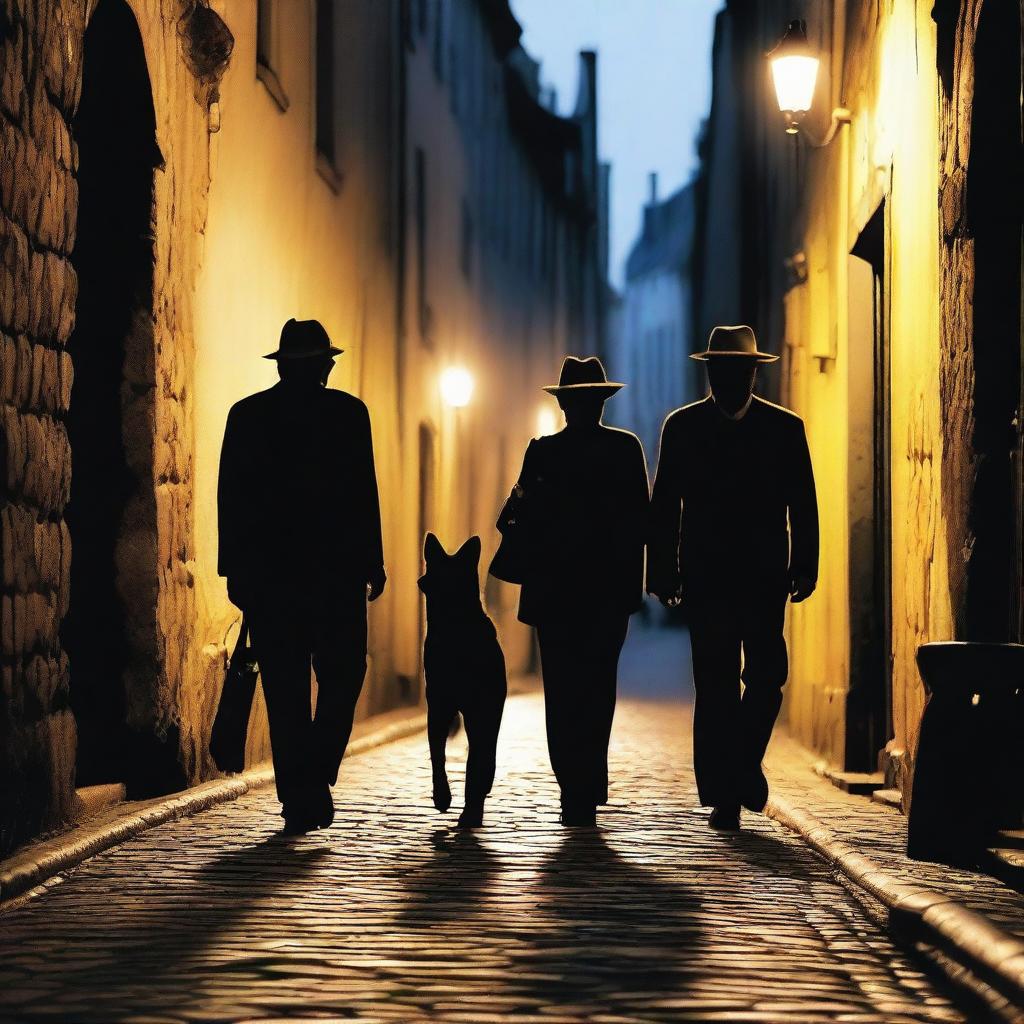 A narrow street made of stones in almost darkness, illuminated by some yellow light lamps