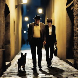 A narrow street made of stones in almost darkness, illuminated by some yellow light lamps