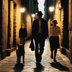 A narrow street made of stones in almost darkness, illuminated by some yellow light lamps