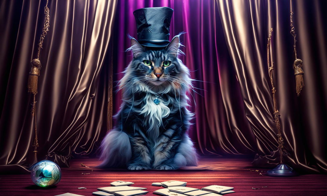 A Maine Coon cat magician on stage, dressed in classic magician attire with props scattered around.