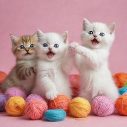 An incredibly cute scene filled with fluffy kittens playing with colorful yarn