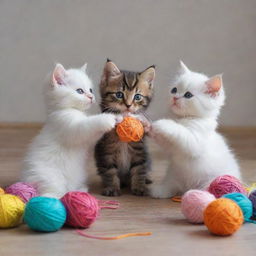 An incredibly cute scene filled with fluffy kittens playing with colorful yarn