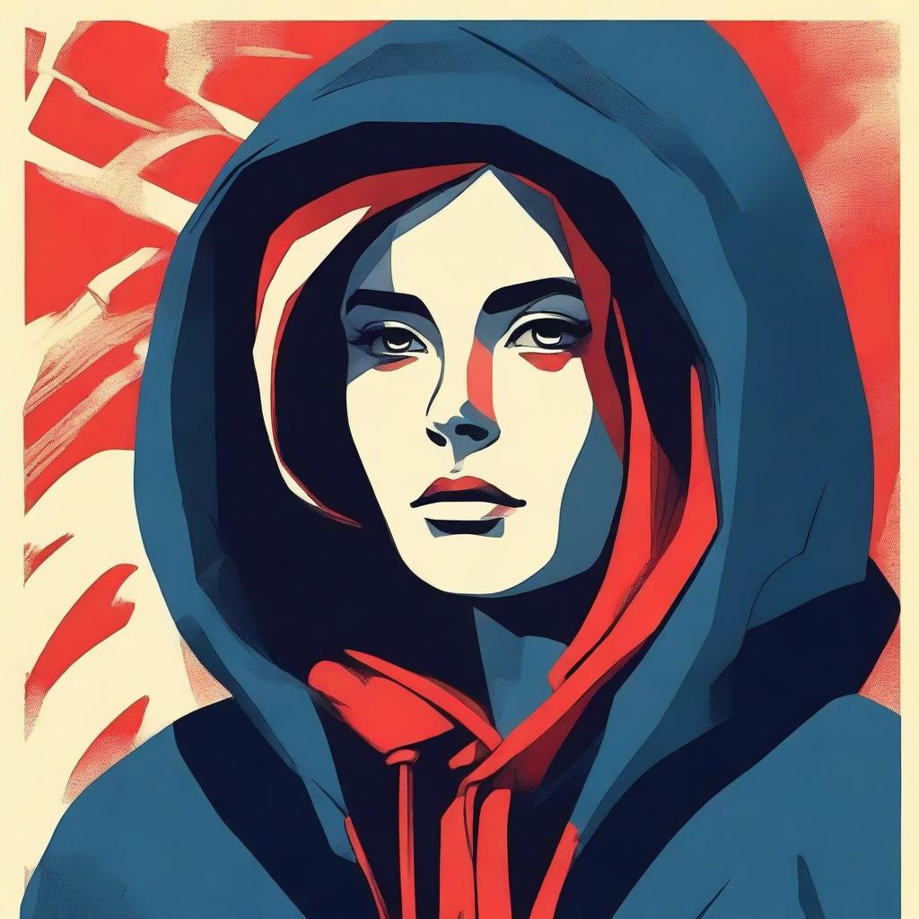 Create an image of a sad girl in a hoodie in the style of USSR posters