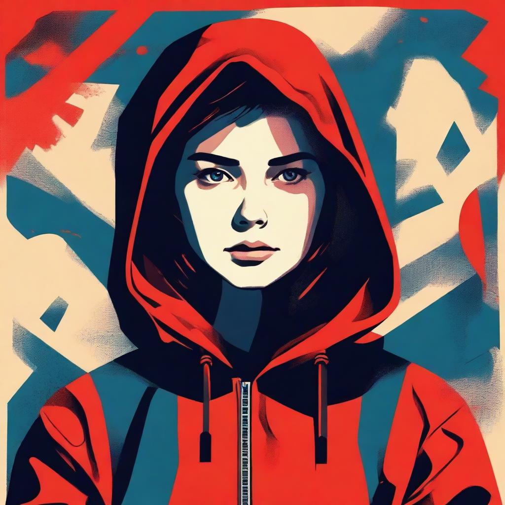 Create an image of a sad girl in a hoodie in the style of USSR posters