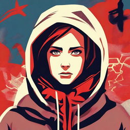 Create an image of a sad girl in a hoodie in the style of USSR posters