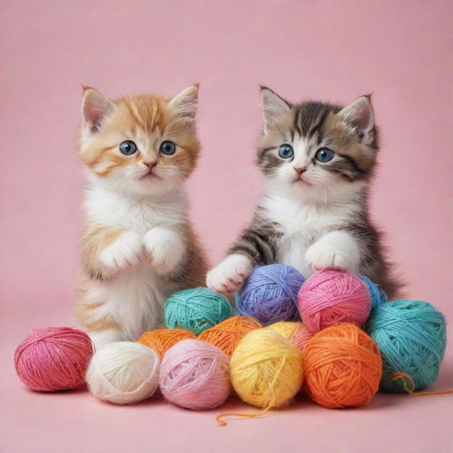 An incredibly cute scene filled with fluffy kittens playing with colorful yarn