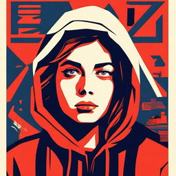 Create an image of a sad girl in a hoodie in the style of USSR posters