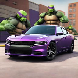 A realistic and detailed image of a 2021 Dodge Charger with a Teenage Mutant Ninja Turtles design/theme, focusing on a purple color scheme