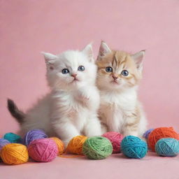 An incredibly cute scene filled with fluffy kittens playing with colorful yarn