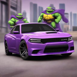 A realistic and detailed image of a 2021 Dodge Charger with a Teenage Mutant Ninja Turtles design/theme, focusing on a purple color scheme