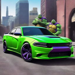 A realistic and detailed image of a 2021 Dodge Charger with a Teenage Mutant Ninja Turtles design/theme, focusing on a purple color scheme