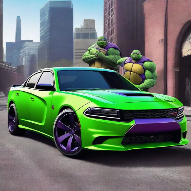 A realistic and detailed image of a 2021 Dodge Charger with a Teenage Mutant Ninja Turtles design/theme, focusing on a purple color scheme