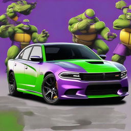 A realistic and detailed image of a 2021 Dodge Charger with a Teenage Mutant Ninja Turtles design/theme, focusing on a purple color scheme