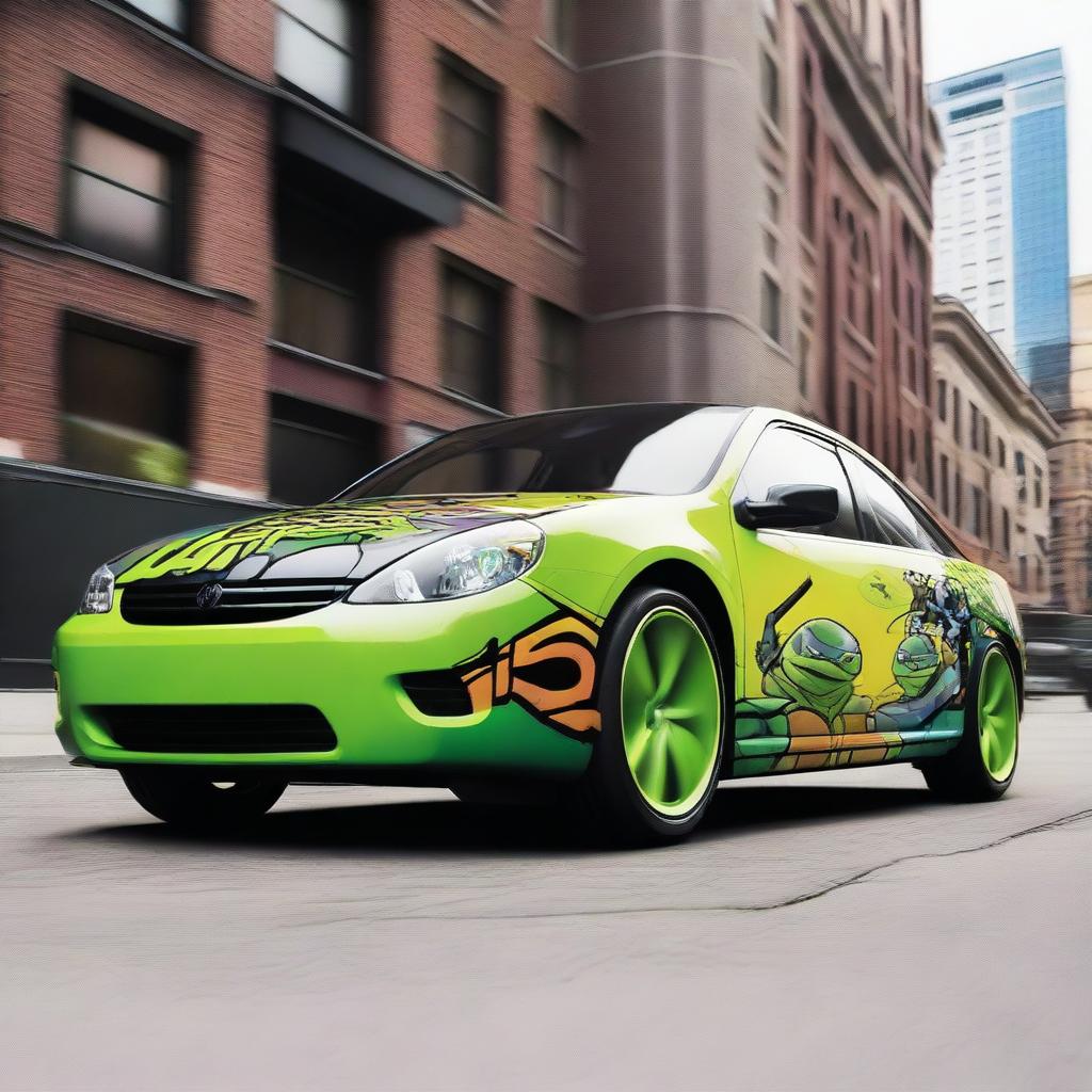 A detailed image of a car wrap design featuring the 2014 Teenage Mutant Ninja Turtles on a modern car