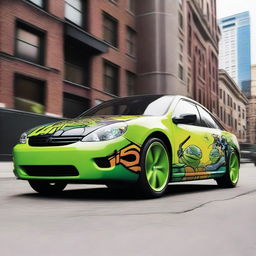 A detailed image of a car wrap design featuring the 2014 Teenage Mutant Ninja Turtles on a modern car