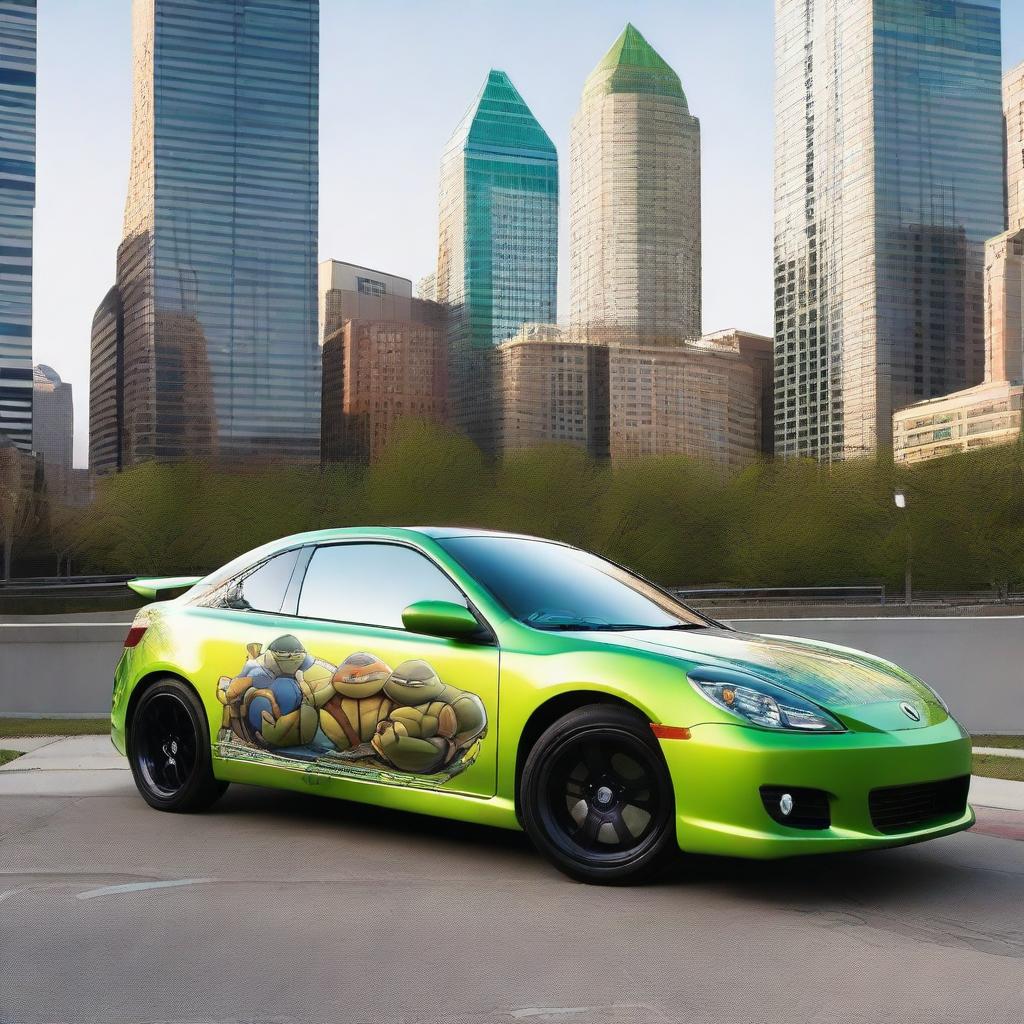 A detailed image of a car wrap design featuring the 2014 Teenage Mutant Ninja Turtles on a modern car