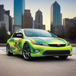 A detailed image of a car wrap design featuring the 2014 Teenage Mutant Ninja Turtles on a modern car