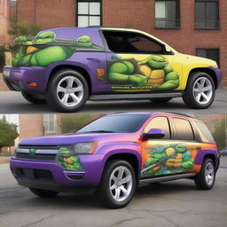 A detailed image of a car wrap design featuring the 2014 Teenage Mutant Ninja Turtles on a modern car