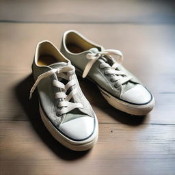 A pair of second-hand sneakers placed on a wooden floor