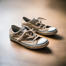 A pair of second-hand sneakers placed on a wooden floor