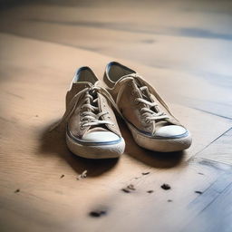 A pair of second-hand sneakers placed on a wooden floor